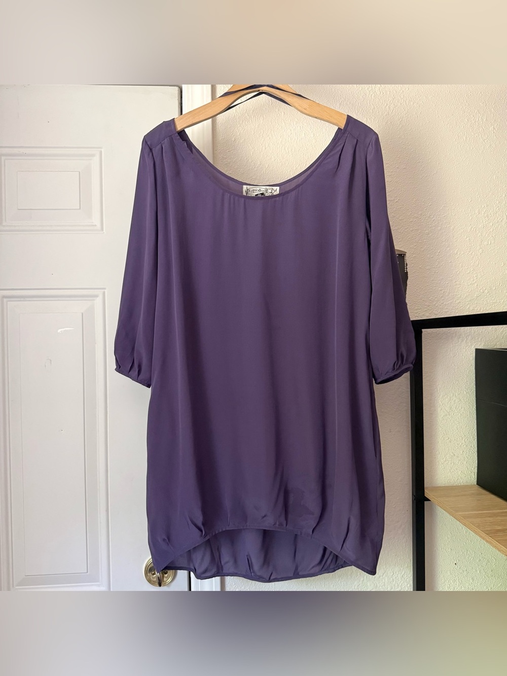 SAMANTHA PLEET silk plum eggplant purple boat neck long puff sleeve mini dress